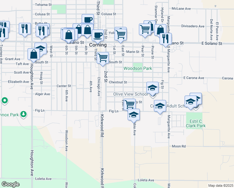 map of restaurants, bars, coffee shops, grocery stores, and more near 1331 1st St in Corning