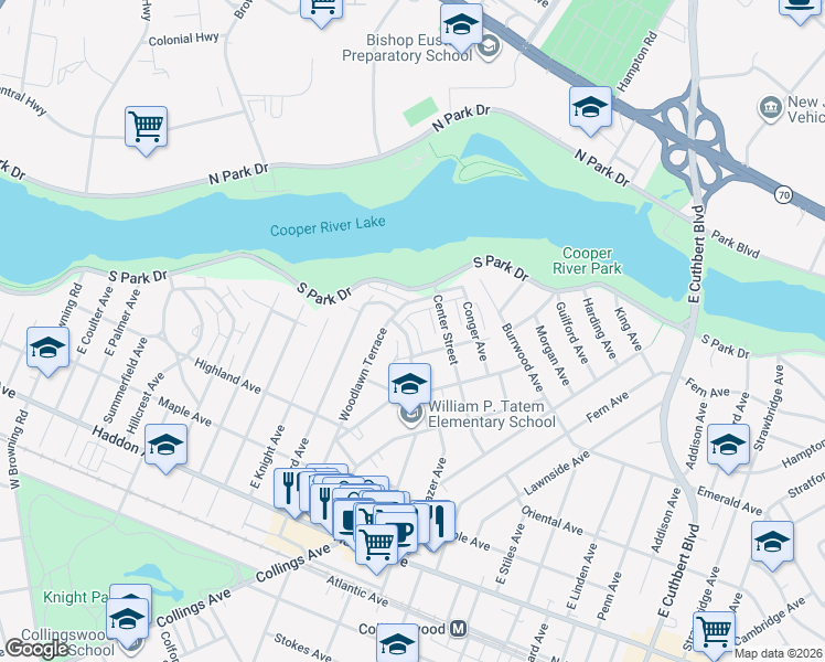 map of restaurants, bars, coffee shops, grocery stores, and more near 623 Cedar Avenue in Collingswood