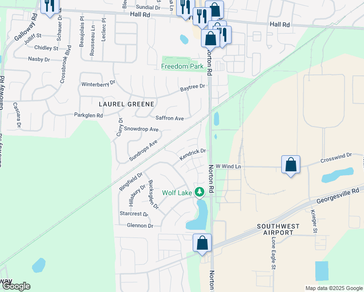 map of restaurants, bars, coffee shops, grocery stores, and more near 5754 Bellport Court in Galloway