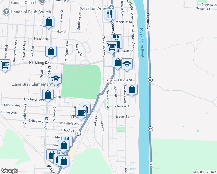 map of restaurants, bars, coffee shops, grocery stores, and more near 1071 Maysville Avenue in Zanesville