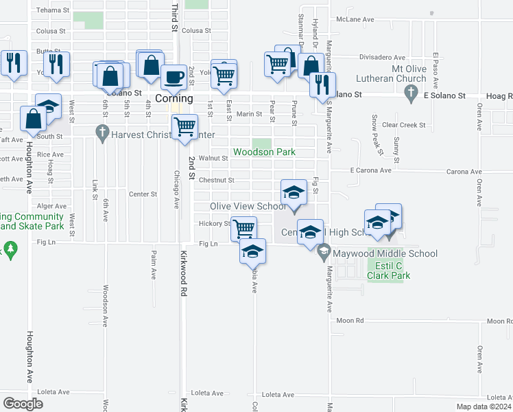 map of restaurants, bars, coffee shops, grocery stores, and more near 623 Almond Street in Corning
