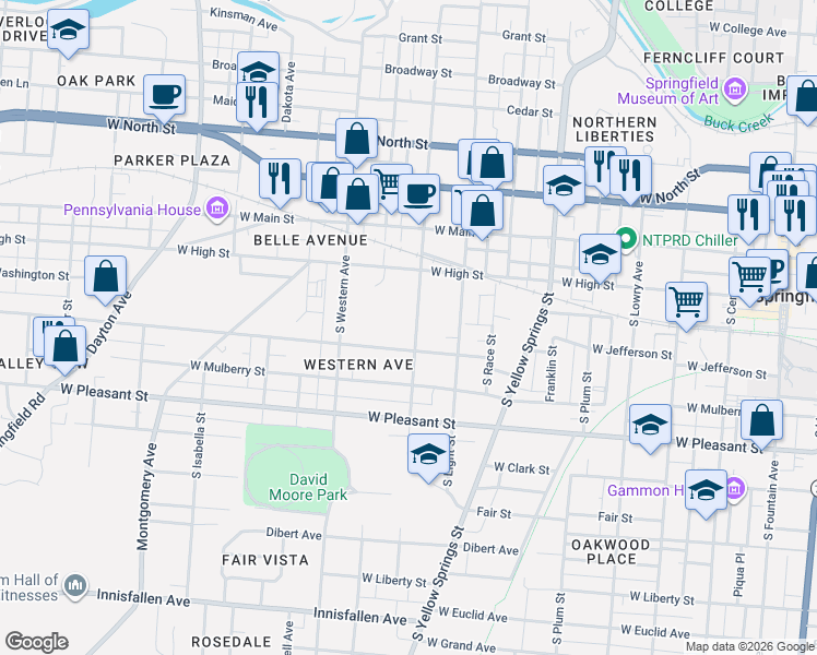 map of restaurants, bars, coffee shops, grocery stores, and more near 202 South Shaffer Street in Springfield