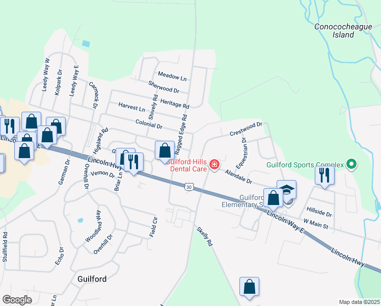 map of restaurants, bars, coffee shops, grocery stores, and more near 795 Alandale Drive in Guilford
