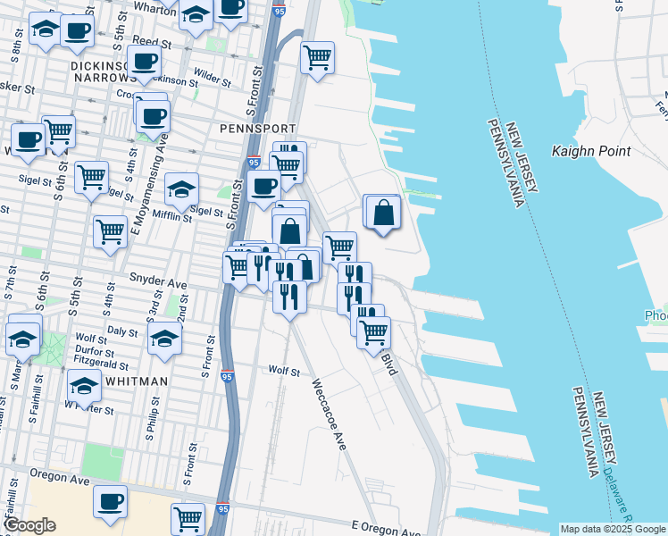 map of restaurants, bars, coffee shops, grocery stores, and more near 1920 S Christopher Columbus Blvd in Philadelphia