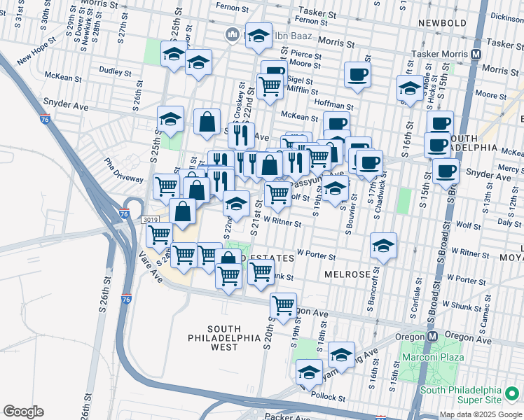 map of restaurants, bars, coffee shops, grocery stores, and more near 2325 South 21st Street in Philadelphia