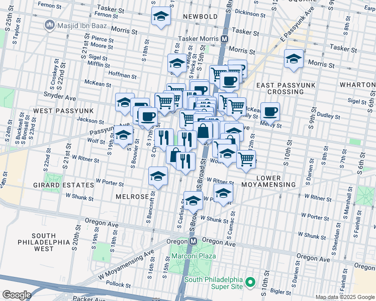 map of restaurants, bars, coffee shops, grocery stores, and more near 2235 South 15th Street in Philadelphia