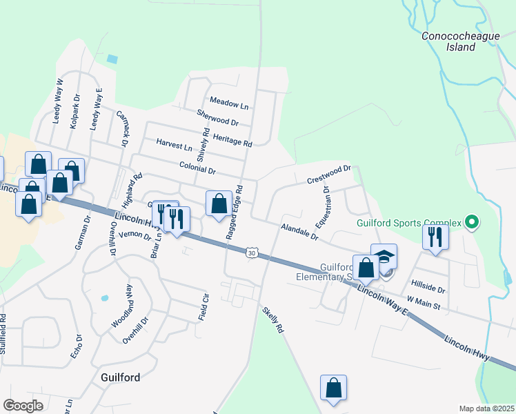 map of restaurants, bars, coffee shops, grocery stores, and more near 795 Alandale Drive in Guilford