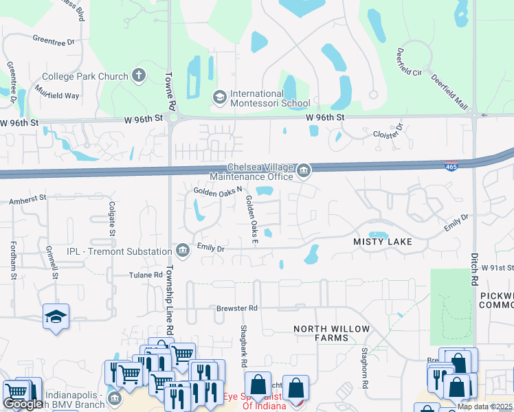 map of restaurants, bars, coffee shops, grocery stores, and more near 2091 Oak Run Court in Indianapolis