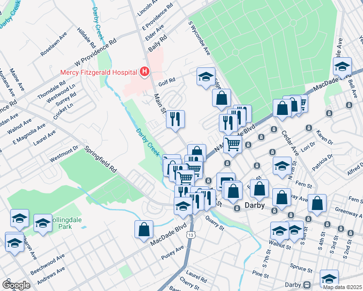 map of restaurants, bars, coffee shops, grocery stores, and more near 1206 Main Street in Darby