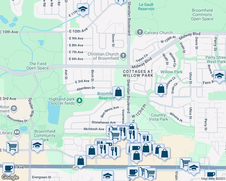 map of restaurants, bars, coffee shops, grocery stores, and more near 286 Dover Court in Broomfield
