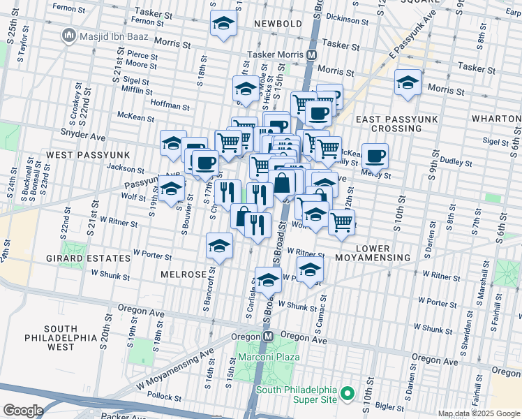 map of restaurants, bars, coffee shops, grocery stores, and more near 2235 South 15th Street in Philadelphia