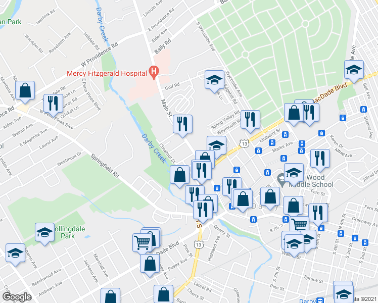 map of restaurants, bars, coffee shops, grocery stores, and more near 1204 Main Street in Darby