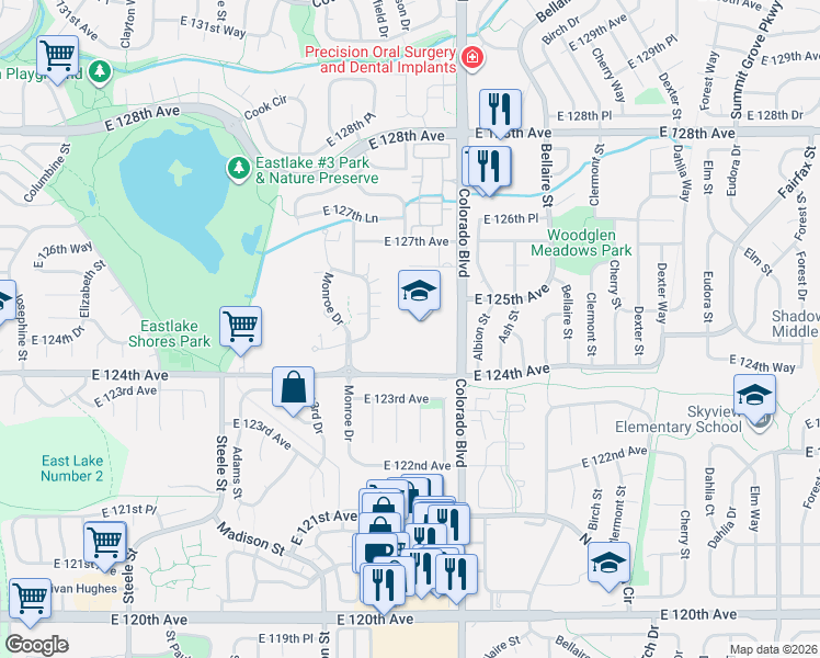 map of restaurants, bars, coffee shops, grocery stores, and more near 12524 Madison Way in Thornton