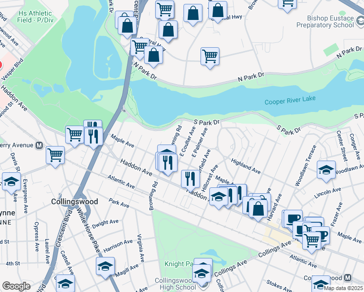 map of restaurants, bars, coffee shops, grocery stores, and more near 117 East Coulter Avenue in Collingswood