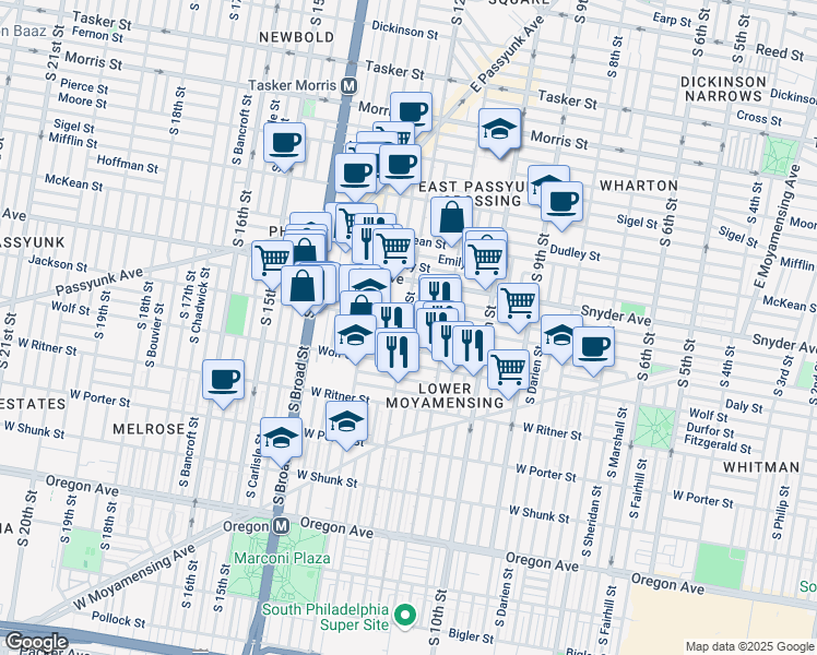map of restaurants, bars, coffee shops, grocery stores, and more near 1202 Jackson Street in Philadelphia