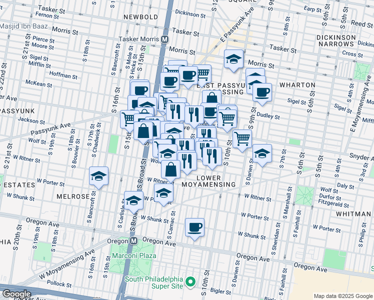 map of restaurants, bars, coffee shops, grocery stores, and more near 1202 Jackson Street in Philadelphia