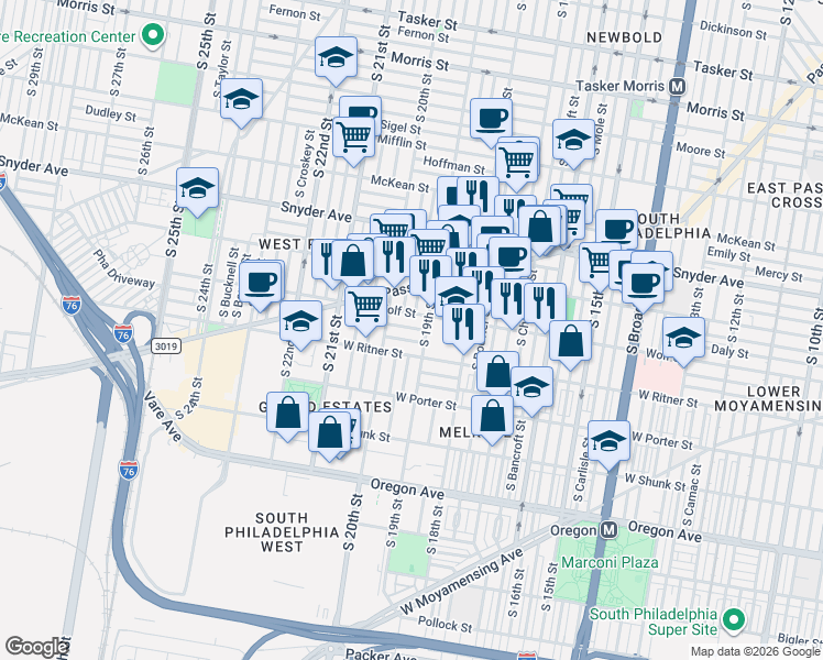 map of restaurants, bars, coffee shops, grocery stores, and more near 1902 Durfor Street in Philadelphia