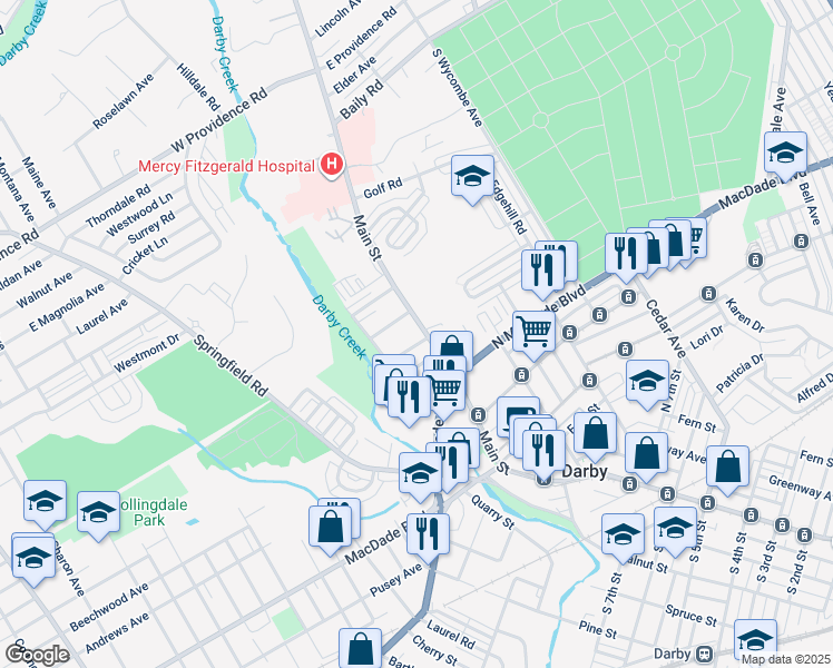 map of restaurants, bars, coffee shops, grocery stores, and more near 1204 Main Street in Darby