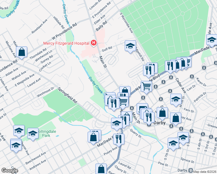 map of restaurants, bars, coffee shops, grocery stores, and more near 23 South 13th Street in Darby