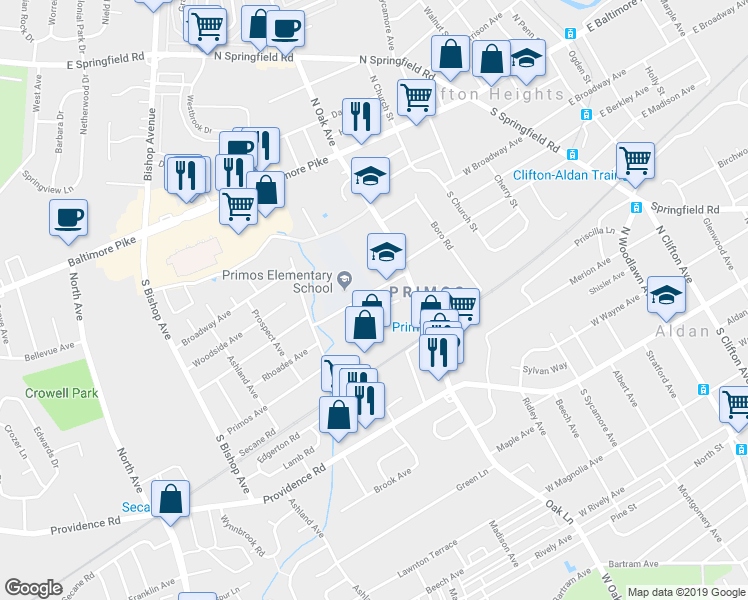 map of restaurants, bars, coffee shops, grocery stores, and more near 9 Bunting Lane in Clifton Heights