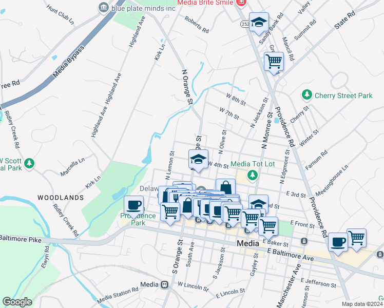 map of restaurants, bars, coffee shops, grocery stores, and more near 323 West 4th Street in Media