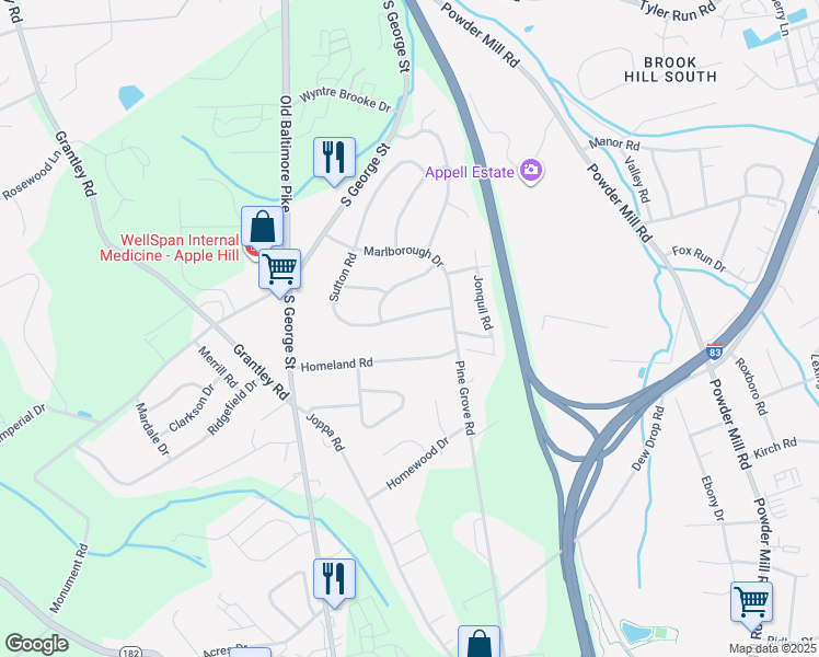 map of restaurants, bars, coffee shops, grocery stores, and more near 2400 Sutton Road in York