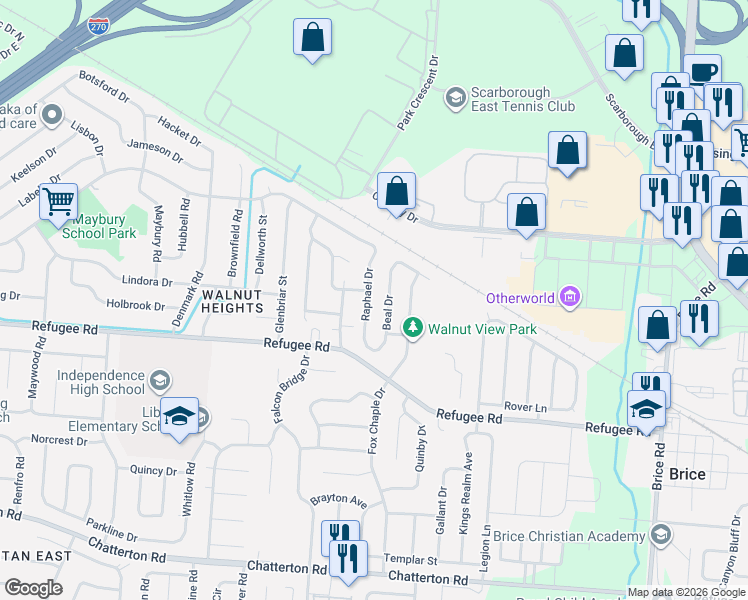 map of restaurants, bars, coffee shops, grocery stores, and more near 2765 Raphael Drive in Columbus