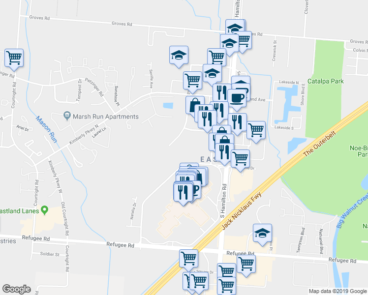 map of restaurants, bars, coffee shops, grocery stores, and more near 4225 Macsway Avenue in Columbus