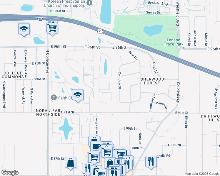 map of restaurants, bars, coffee shops, grocery stores, and more near 9222 Garrison Drive in Indianapolis