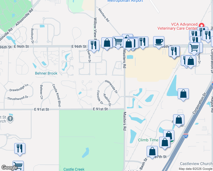 map of restaurants, bars, coffee shops, grocery stores, and more near 9276 Andiron Drive in Indianapolis