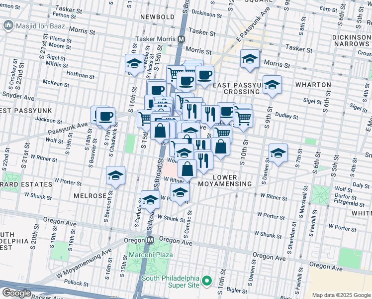map of restaurants, bars, coffee shops, grocery stores, and more near 2214 South 13th Street in Philadelphia