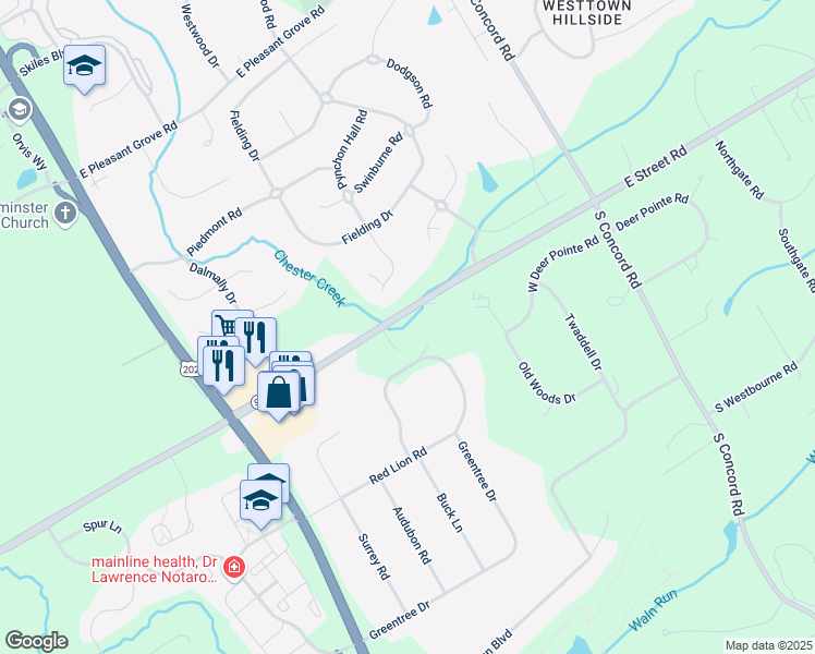 map of restaurants, bars, coffee shops, grocery stores, and more near 270 Street Road in West Chester