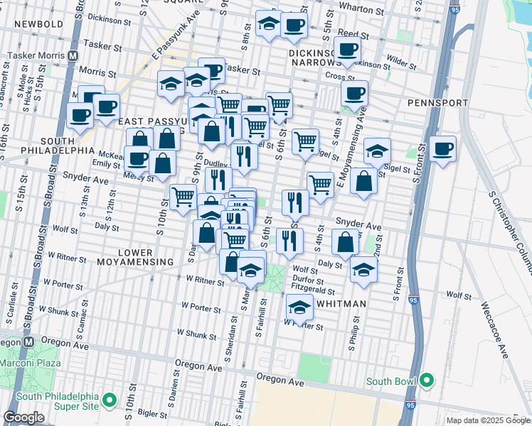 map of restaurants, bars, coffee shops, grocery stores, and more near 2104 South 6th Street in Philadelphia