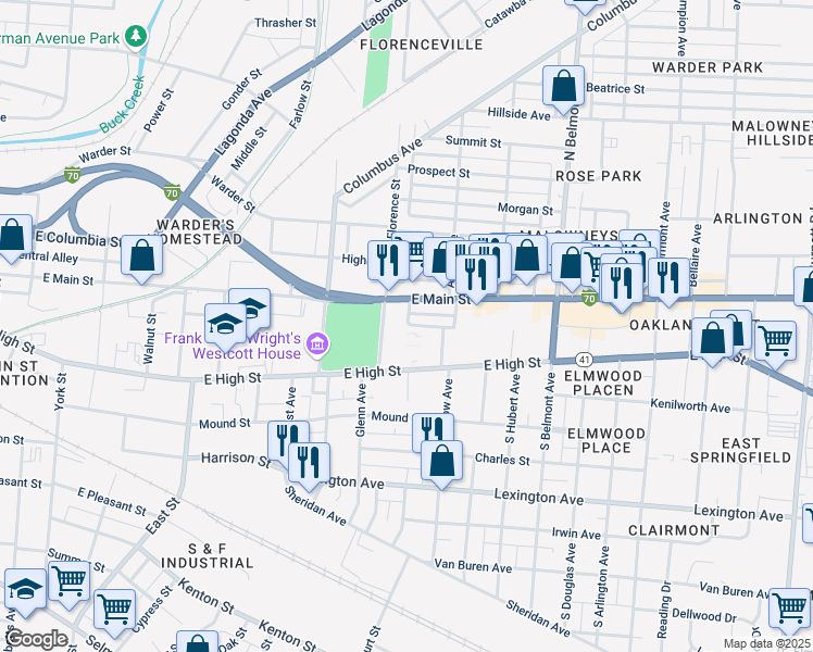 map of restaurants, bars, coffee shops, grocery stores, and more near 1575 McKinley Avenue in Springfield
