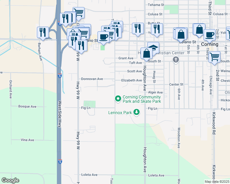 map of restaurants, bars, coffee shops, grocery stores, and more near Toomes Avenue in Corning