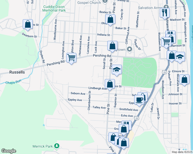 map of restaurants, bars, coffee shops, grocery stores, and more near 1059 Heber Street in Zanesville