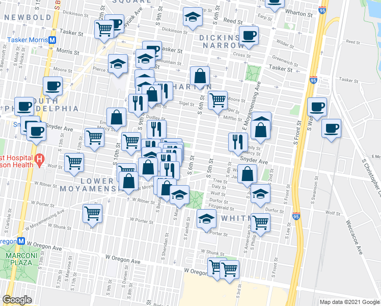 map of restaurants, bars, coffee shops, grocery stores, and more near 2104 South 6th Street in Philadelphia