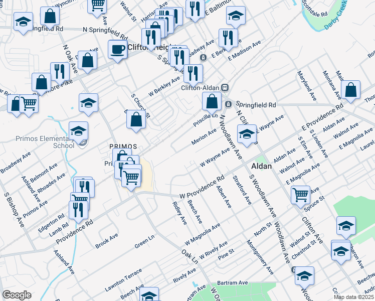 map of restaurants, bars, coffee shops, grocery stores, and more near 174 Merion Avenue in Aldan