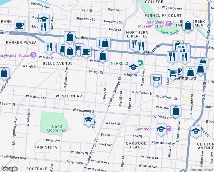 map of restaurants, bars, coffee shops, grocery stores, and more near 200 South Race Street in Springfield
