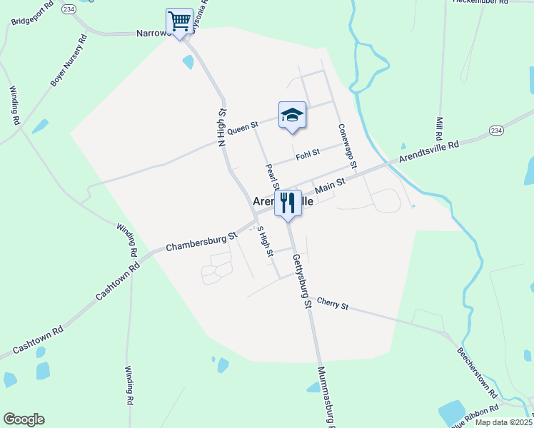 map of restaurants, bars, coffee shops, grocery stores, and more near 17 Main Street in Biglerville
