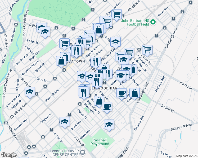 map of restaurants, bars, coffee shops, grocery stores, and more near 6509 Reedland Street in Philadelphia