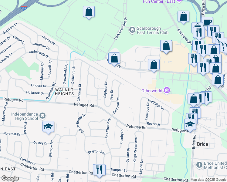 map of restaurants, bars, coffee shops, grocery stores, and more near 2770 Beal Drive in Columbus