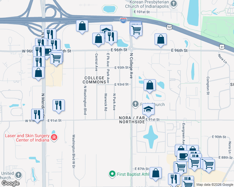 map of restaurants, bars, coffee shops, grocery stores, and more near 9223 North Park Avenue in Indianapolis