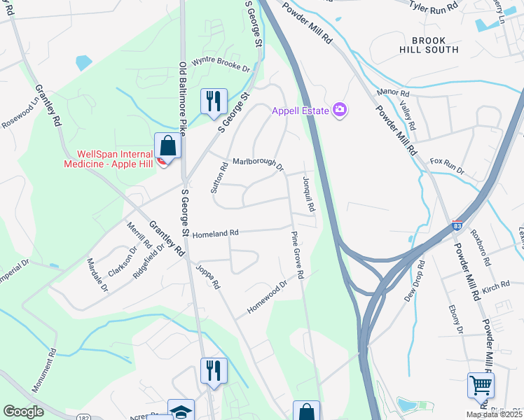 map of restaurants, bars, coffee shops, grocery stores, and more near 2400 Sutton Road in York