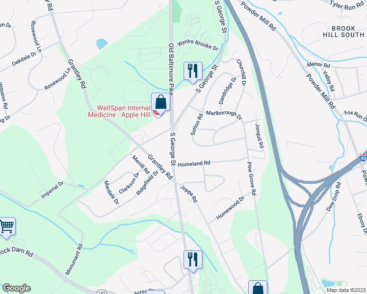 map of restaurants, bars, coffee shops, grocery stores, and more near 2339 South George Street in York