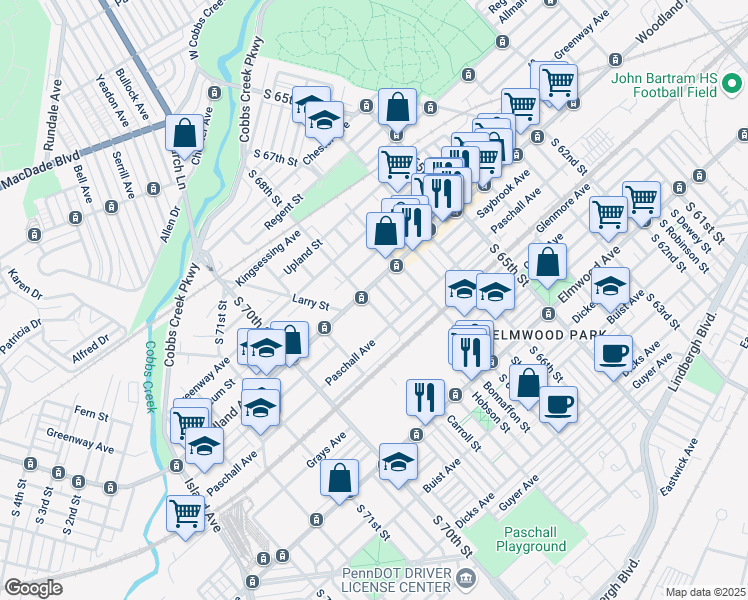 map of restaurants, bars, coffee shops, grocery stores, and more near 2211 South 68th Street in Philadelphia