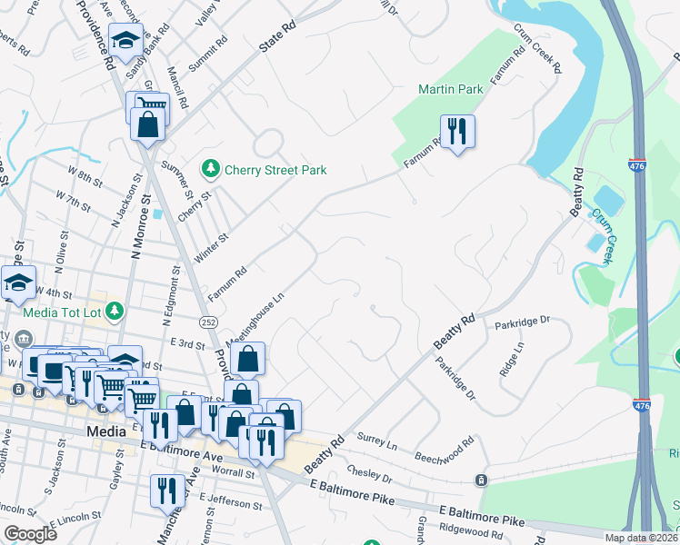 map of restaurants, bars, coffee shops, grocery stores, and more near 508 Wildflower Lane in Media