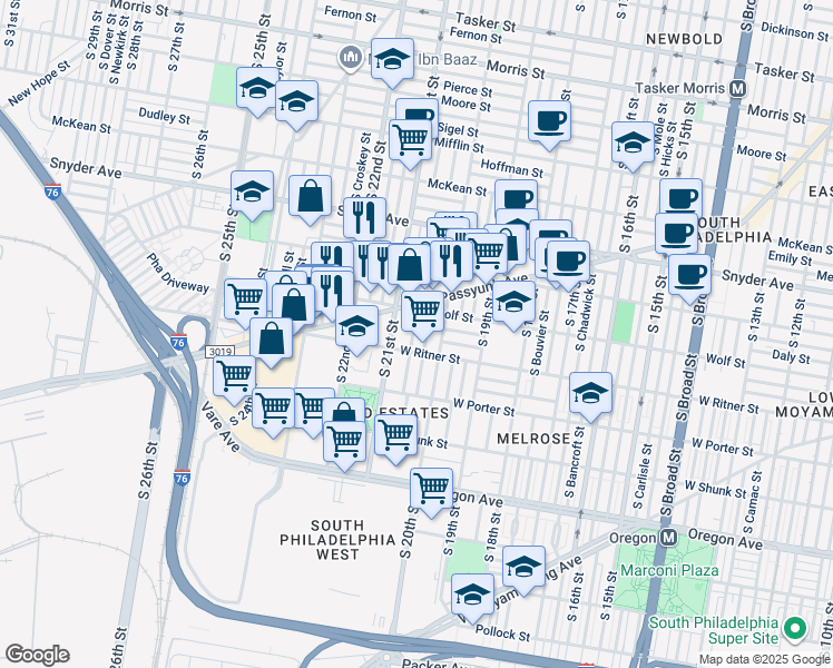 map of restaurants, bars, coffee shops, grocery stores, and more near 2333 South Lambert Street in Philadelphia
