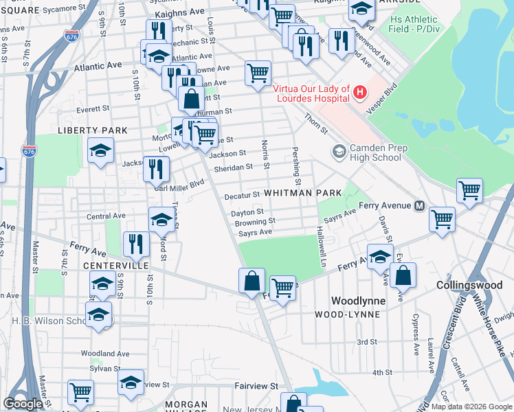 map of restaurants, bars, coffee shops, grocery stores, and more near 1275 Dayton Street in Camden
