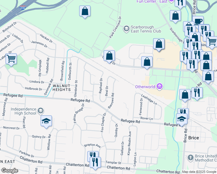 map of restaurants, bars, coffee shops, grocery stores, and more near 2770 Beal Drive in Columbus